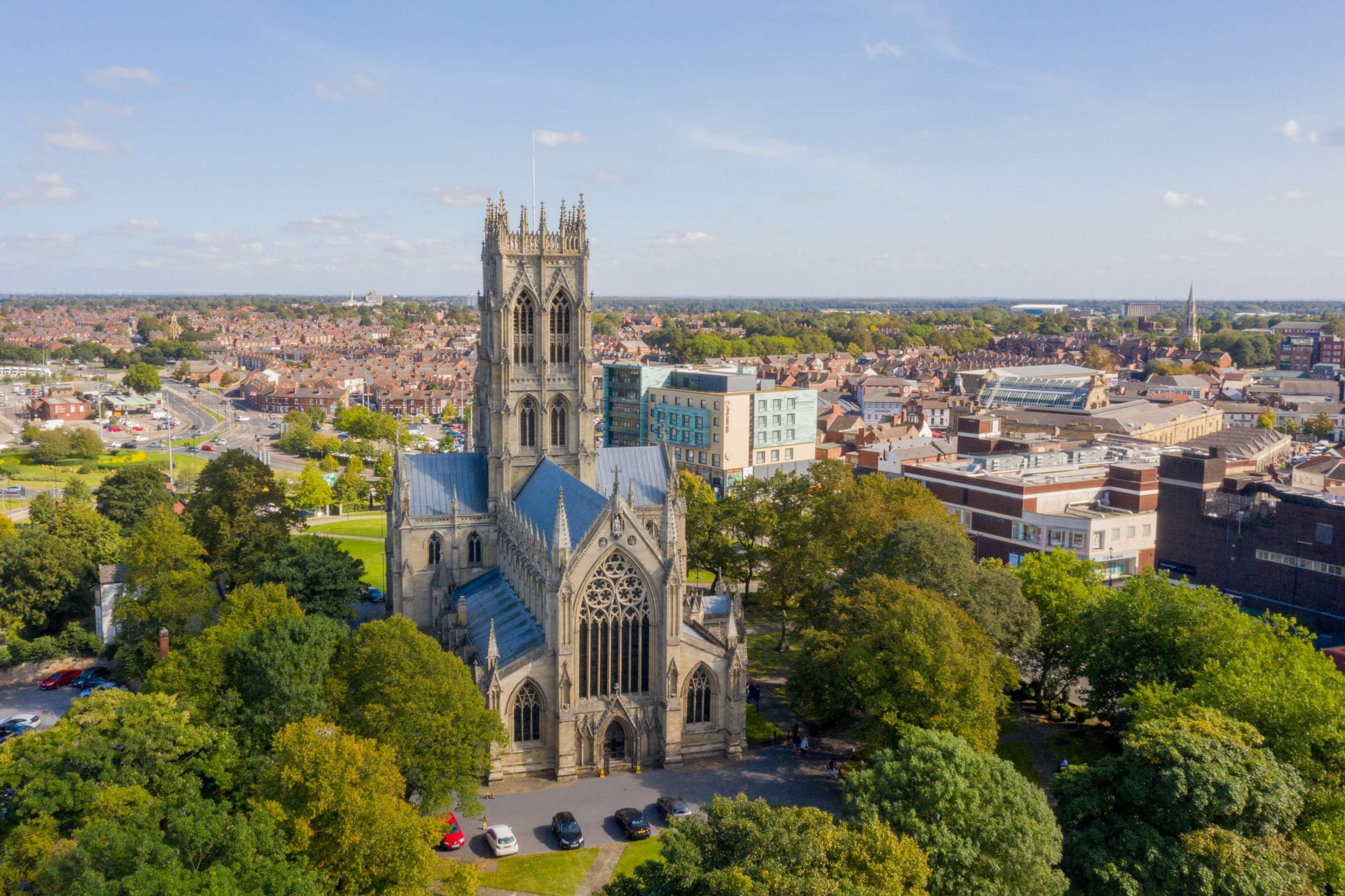 photograph of large church showing surrounding town centre area of Doncaster South Yorkshire