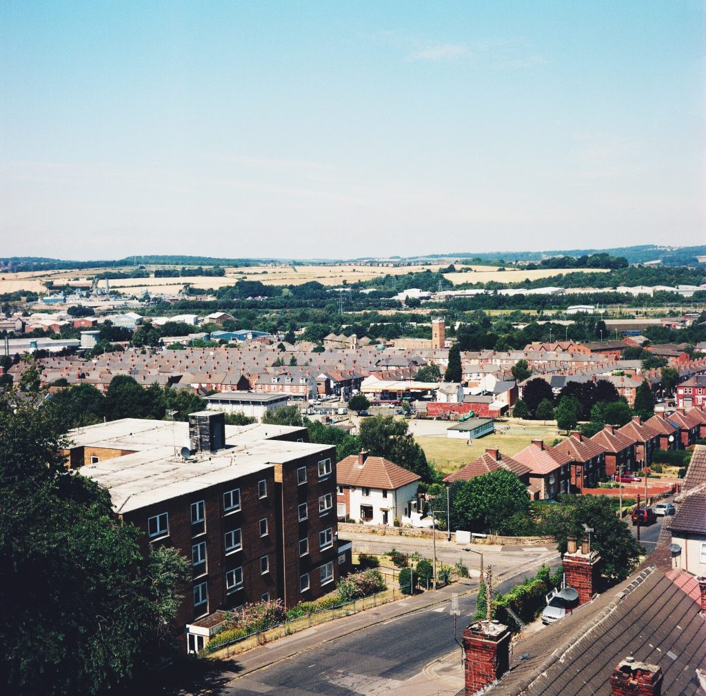 High Angle Shot Of Townscape in Rotherham Against Sky