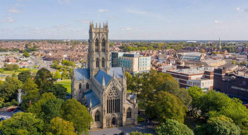 photograph of large church showing surrounding town centre area of Doncaster South Yorkshire